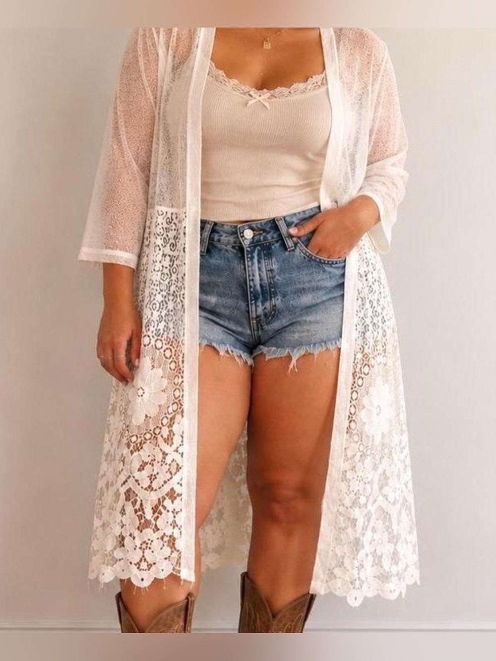 White Lace Duster Kimono Cover Up Medium Sheer White Lace Maxi